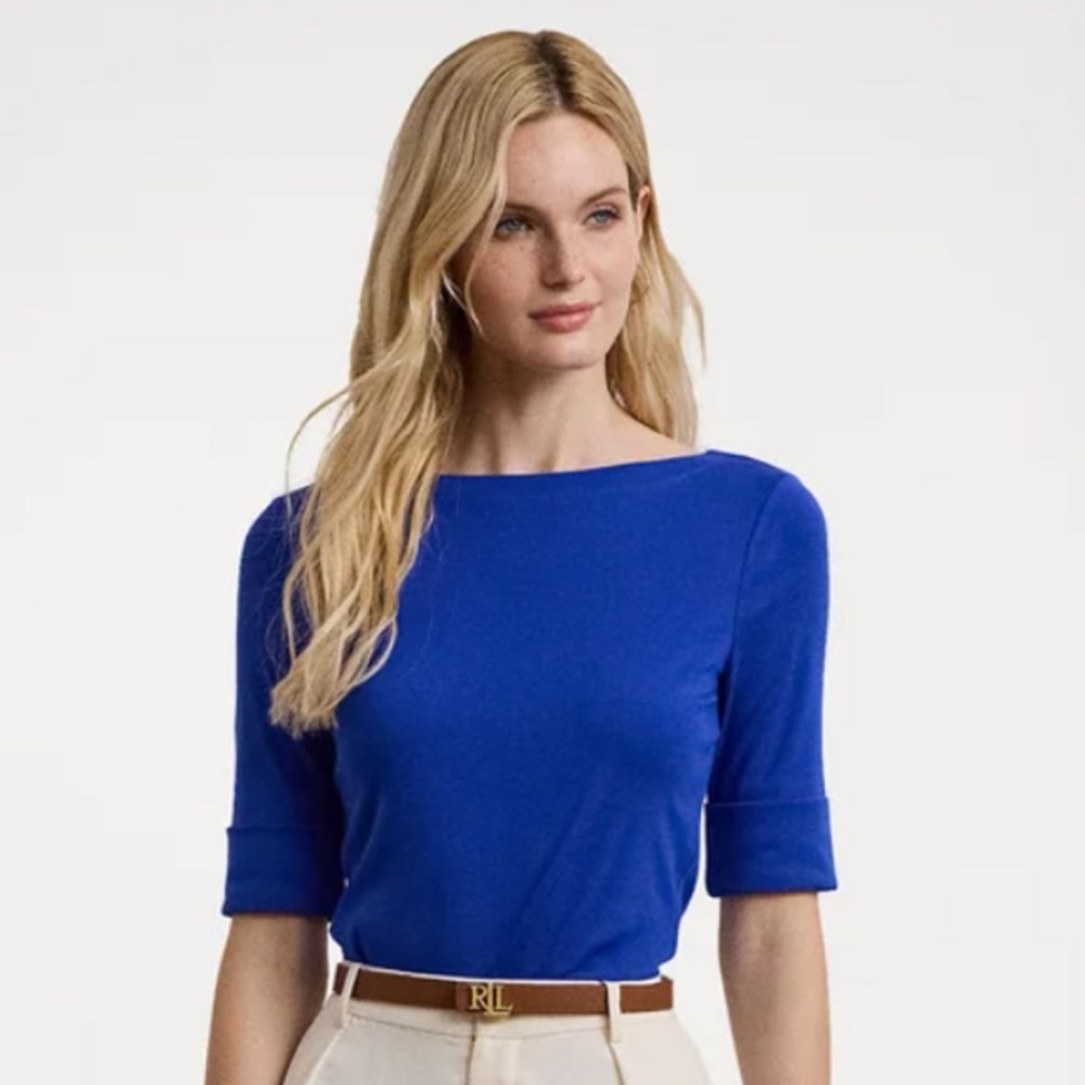 Lauren Ralph Lauren Royal‎ Blue Boatneck Cuffed Sleeve Knit Top Large